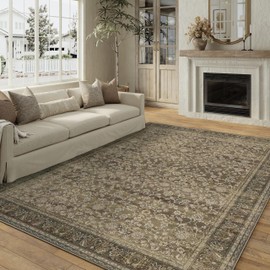 PureCozy 9x12 Area Rug Brown Machine Washable Living Room Carpet Vintage Floral Bedroom Dining Room Indoor Large Non Slip Low Pile Thin Soft Rug Distressed Traditional Accent Throw Kitchen Office