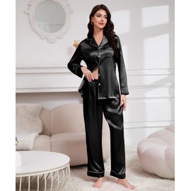 Maxbee Women's Satin Silk Pajamas Set, 2 Piece Notch Collar Silk Pjs, Button UP Pajama with Long Sleeve and Pants Silky Black