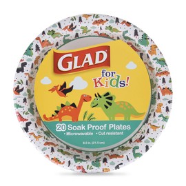 Glad Kids Dinosaur-Themed Heavy Duty Disposable Paper Plates - Soak Proof, Microwavable, 8.5" Round Plates, Perfect for Birthday Parties and Dinosaur Lovers - Pack of 20