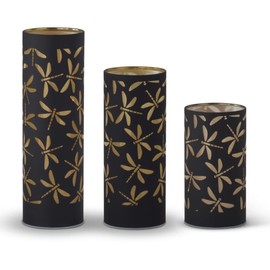 LED Cylinder Lanterns, Black with Gold Dragonfly Pattern, Set of 3, Battery Operated, 10/8/6 Inch Heights, Home Decor