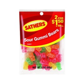 Sathers 2/$1.50 Sour Gummi Bears, 12 Count (SUGAR CANDY - PEG-BOARD BAGS)