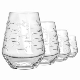 Rolf Glass | School of Fish Stemless Tumbler | Stemless Wine Glasses 18oz | Lead-Free Glass | Engraved and polished in Pennsylvania | US made (Set of 4)