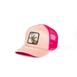 Ashen Fane Faux Suede Polyester Blend Animal Patch 5 Panel Classic Adjustable Mesh Back Trucker Hat, Goat Tan/Fuchsia