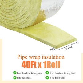 Pangda Fiberglass Pipe Insulation Wrap 3'' Wide x 1'' Thick x 40 ft Length Foil Backed Fiberglass Insulation Roll Tape Duct Isolation Wrap for Outdoor Freezing Weather(2 Rolls)