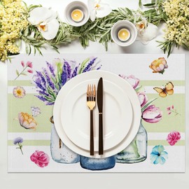 CSFOTO Watercolor Plants Flower Placemat Set of 4 Spring Blooming Flowers Butterfly Vibrant Kitchen Decorative Placemat 18x12 Inch Indoor Outdoor Party Dinner Table Decoration Washable Linen Placemat