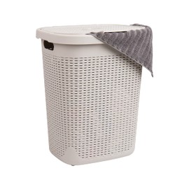 Mind Reader Basket Collection, Slim Laundry Hamper, 50 Liter (15kg/33lbs) Capacity, Cut Out Handles, Attached Hinged Lid, Ventilated, 17.65"L x 13.75"W x 21"H, Ivory