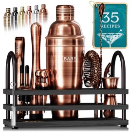 BARE BARREL® Mixology Bartender Kit Bar Set | 14-Piece Cocktail Shaker Set | Martini Barware Mixing Tools for Home Bartending | 35 Recipe Cards | Gift Set (24oz Cobbler Shaker, Copper/Black)
