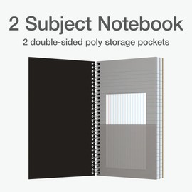 Oxford Poly Spiral Notebook, 2-Subject for School, College Ruled Paper, 100 Sheets, 6 x 9.5 Inches, 2 Double Pocket Dividers, Black Cover (1002544)