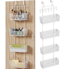 HapiRm Over Door Organizer Storage - Hanging Door Organizer with 4 Metal Large Capacity Baskets and Adjustable Coat Hook for Bathroom Bedroom Kitchen Pantry Closet Cabinet