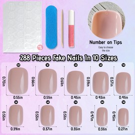 LoveOurHome 240PC Square Press on Nails Short Fake Nail, Short Press on Nails Square Dark Nude Glue on Nail Full Cover Artificial Fingernail Girls Kids XS Acrylic Nail Press Nail with Adhesive Tabs