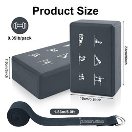 2 Yoga Block and Yoga Strap Set, FHDUSRYO High Density EVA Foam Blocks with 6ft Strap, Non-slip Yoga Bricks, Supportive Latex-Free Yoga Block Kit to Improve Balance and Flexibility (Grey, 9×6×3")