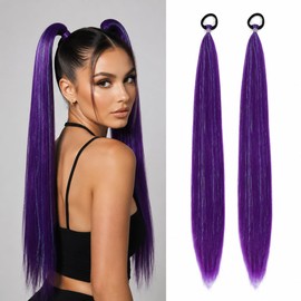 2Pcs Hair Extensions, 26 Inch Straight Ponytail Extensions with Elastic Bands, Suitable for Kids and Women, Perfect for Parties, Raves and Daily Looks (Purple)