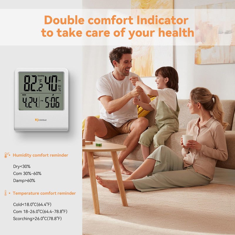 Indoor Thermometer, Room Thermometer and Hygrometer with Clock, Temperature and