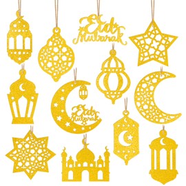 BOOMTOP Pack of 12 Ramadan Decorative Pendants Eid Mubarak Ornament Paper Glitter Sugar Festival Decoration for Hanging Table Decoration Gold Moon Stars Eid al-Fitr Muslim Islam Decoration