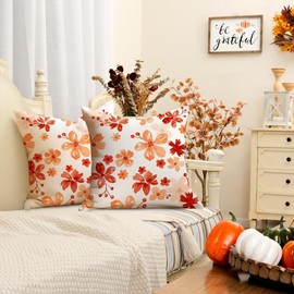 RABUSOFA Fall Throw Pillow Covers 18x18 Inch Set of 2,Autumn Floral Decor Thanksgiving Harvest Farmhouse Cushion Case Decoration for Home Sofa Couch (Orange, 18" x 18")