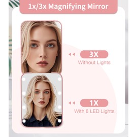 WOBSION Small Mirror with Lights,LED Compact Makeup Mirror,1x/3x Mini Travel Mirror with Magnification,Portable for Purse,Pocket,Gifts for Girls,Rose Gold