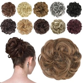 FESHFEN Hairpiece with Elastic Band, Bun Hairpiece Hair Scrunchie with Hair, Curly Hair Bun Synthetic Hair Extension Ponytail Hairpieces for Women Girls, Toffee Mixed, 42 g