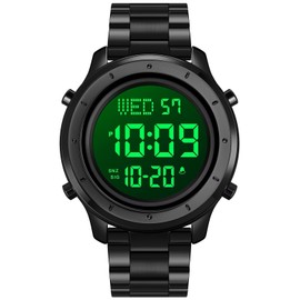 PASOY Mens Big Dial Digital Leather Watch Simple Large Display Countdown Alarm Stopwatch LED Backlight Business Multifunction Watches (Black)