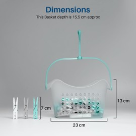 pegs it 100 Pcs Strong Hold Pegs with Clear Basket for Washing Line & a Hook on Handle | Wind-Proof & Rust Resistant Plastic clothes Peg with hanging basket (White/Grey/Aqua)
