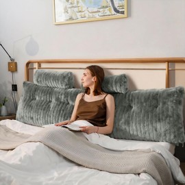 Wellty Care Luxury Faux Fur Headboard Pillow Queen Size - Large Triangular Wedge Cushion for Bed & Sofa, Fluffy Reading Backrest Bolster with Detachable Neck Roll, Washable Cover & Side Pocket, Ivory