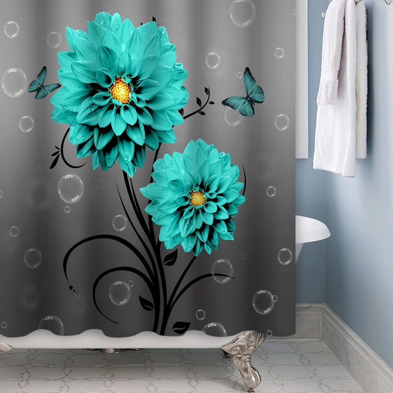 Blue Flower Butterfly Shower Curtain Teal Turquoise Blue Dahlia Bathroom