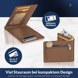 LOGAN & BARNES Slim Men's Wallet with TÜV Tested RFID Protection - Slim Men's Wallet with Coin Compartment - Card Holder Slim with Zip Frankfurt Model, brown, Classic