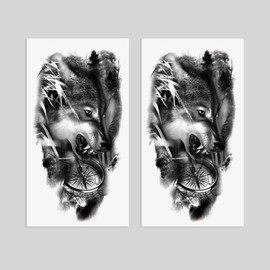 Oottati 2 Sheets Waterproof Fake Forest Compass Wolf Arm Leg Temporary Tattoo