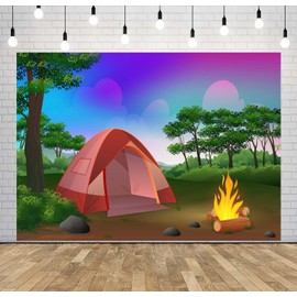 Loccor 9x6ft Fabric Cartoon Camping Backdrop Night Forest Camping Tent Bonfire Campfire Party Backdrop Field Survival Training Camping Backdrop Kids Birthday Baby Shower Photo Booth Props