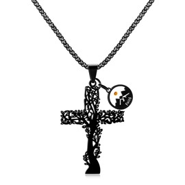 JunyiDIY Christian Cross Tree of Life Religious Prayer Church Baptism Round Mountain Faith Pendant Necklace Black Stainless Steel for Husband Dad Boyfriend