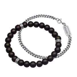 Kuzzoi Buddha 0205411820 Men's Bracelet Set Consisting of an Elastic Onyx Gemstone Bracelet with Silver Beads and a Curb Bracelet Made of 925 Sterling Silver Oxidised Length 19-21 cm, 21 cm, Sterling
