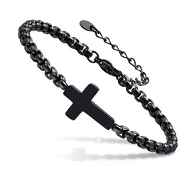 Jemant Cross Bracelets For Men Women, Silver/Black Stainless Steel Chain Cross Charms Men's Link Bracelet, Faith Religious Easter Catholic Christian God Jesus Communion Baptism Jewelry Gift (Black)