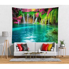 BELECO Forest Lake Tapestry Wall Hanging Picturesque Waterfall Tapestry Blooming Flowers Photo Backdrop Flowing Water Green Scenery Nature Tapestry Bedroom Living Room Dorm Decor