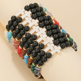 HYHONEY Beaded Bracelets Cross Bracelet for Women Men Lava Rock Turquoise Tiger Eye Natural Bracelet Anxiety Healing, One Size, Stone, stone