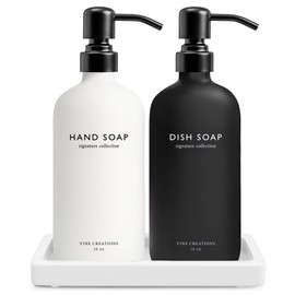 Vine Creations Glass Soap Dispenser Set, Kitchen Soap Dispenser Set with Ceramic Tray, 16 oz Dish Soap and Hand Soap Dispensers with Stainless Steel Pump Decor (White and Black Bottles/Matte Black)