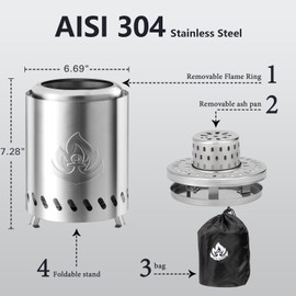 Havato Tabletop Fire Pit 6.7"*7.3“ with Stand, Smokeless Firepit Outdoor, 304 Stainless Steel Small Table Top Stove Fueled by Pellets Or Wood,Low Smoke Mini Round Fire Pit Bowl Iutdoor, Silver