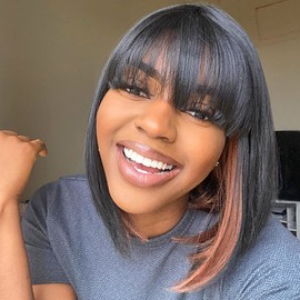 ToyoTress BLunt Cut Bob Wigs With Bangs - 14 Inch Peek-a-boo Color Black Mix Brown Light Yaki Straight Hair Costume Wig For Black Women, Shoulder Length Synthetic Hair Replacement Wigs(14 Inch, SH30)