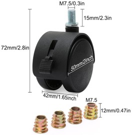 4 Pcs 2 Inch Nylon Caster Wheels with Brake, Black Swivel Castor Wheels with M7.5 Threaded Stem Nut and Spanner, Black