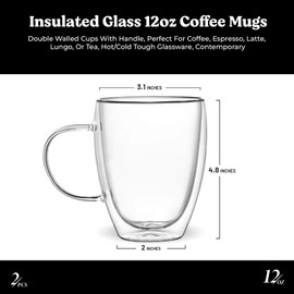 Furmaware 12 Oz Insulated Glass Mugs – Double Wall Coffee Mugs for Tea, Cappuccino, Iced Coffee, Latte, Hot Beverages – Microwave & Dishwasher Safe, Set of 2