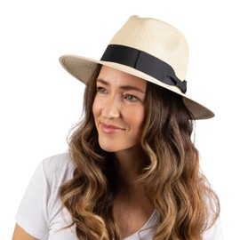 Women Fedora Sun Hat with Wide Brim—Foldable Roll-Up Straw Beach Hat UPF 50 Beige