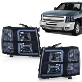 LQI LED DRL Tube Projector Headlights w/o Bulbs Compatible with Chevy Silverado 1500 2007-2013/Fit Silverado 2500 HD 3500 HD 2007-2014 Smoky Lens Black Housing Clear Reflector Pair