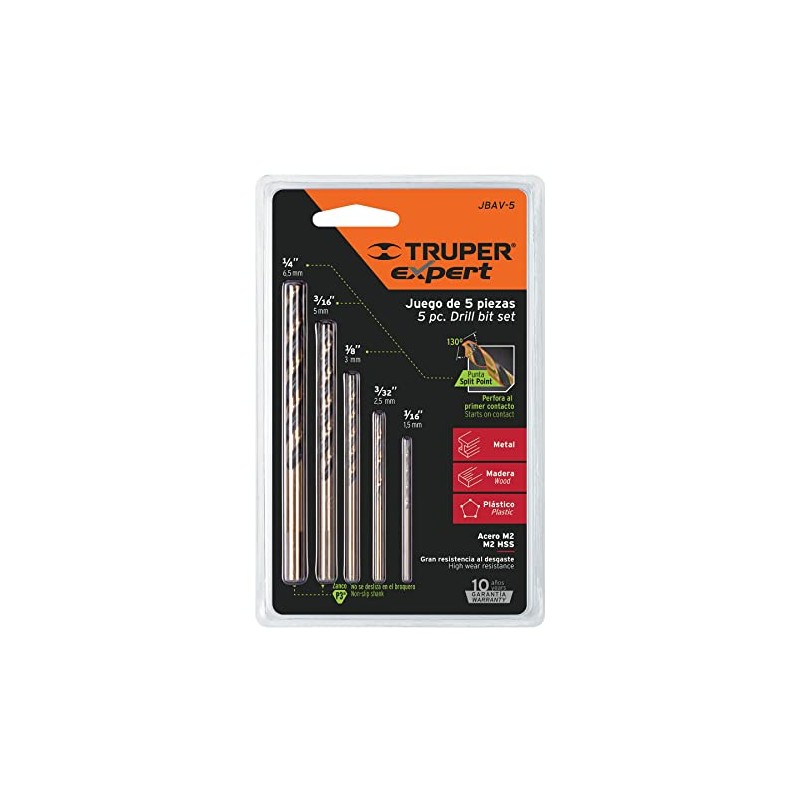 Truper JBAV-5, Juego de 5 brocas alta velocidad, Turbo Steel