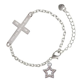 Delight Jewelry Silvertone AB Crystal Lucky Star I Set You Apart Engraved Cross Charm Bracelet, 6.5+1.5" Extender