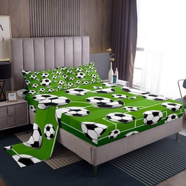 Football Game Bed Sheet Set Queen Size Soccer Ball Sports Sheet Set Black White Hexagon Sheets for Boys Girls Bedroom Green Court Bedding Set with Flat Sheet Fitted Sheet Pillowcase 4Pcs
