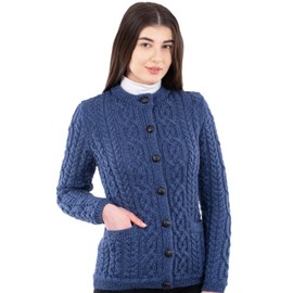 SAOL - Cárdigan de punto con botones irlandeses para mujer, 100 % lana merina, chamarra de madera con bolsillos, Marl Azul, Small