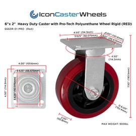 6 inch x 2 inch PRO-TECH Polyurethane Non-Marking Heavy Duty Rigid Caster, 900 LBS Load Capacity, RED (Single) - ICON 6660 Series