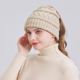 PFFY Ponytail Warm Winter Knit Beanie Hat Skull Cap Beanies for Women Men Beige