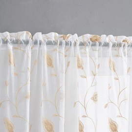 Floral Embroidery Beige Sheer Curtains 84 Inches Long, Rod Pocket Sheer Drapes for Living room, Bedroom, 2 Panels, 52"x 84", Semi Crinkle Voile Window Treatments for Yard, Patio, Villa, Parlor.