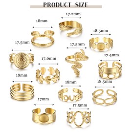 Besteel 18K Gold Plated Rings for Women, Stainless Steel Statement Rings Pack Stacking Boho Midi Rings Adjustable Open Ring Band Twisted Signet Rings Non Tarnish Gold Rings
