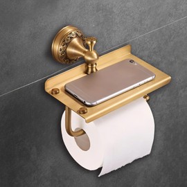 Vintage Brass Toilet Paper Holder with Phone Shelf, European Style Bathroom Tissue Roll Stand, Wall Mounted Phone Storage Rack, Antique Bronze Bathroom Accessories