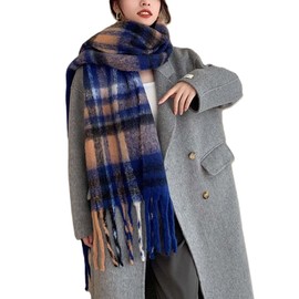 Wander Agio Winter Women Warm Scarf Long Shawl Large Scarves Cold Weather Thicker Blanket Wrap Colour Plaid Stripe Dark Blue 21